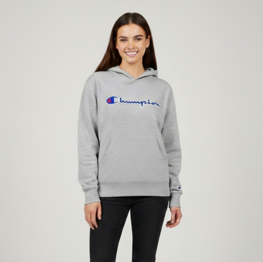 Champion Script Logo Grey Pullover Hoodie | Size L